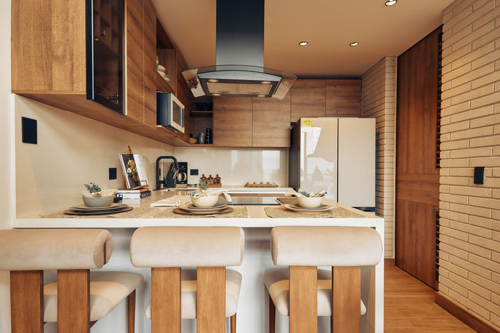 Cocina con barra desayunadora en madera